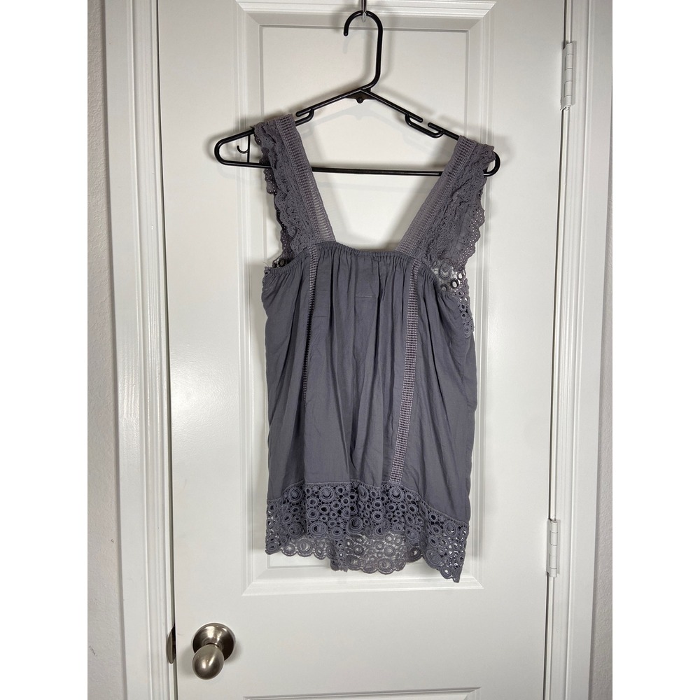 MK2K Gray Lace Tank Top Sleeveless Crochet Trim Boho Bohemian Womens Small S